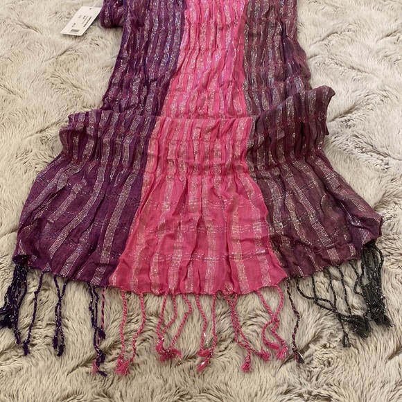 Elizabeth Gillet Pink & Purple Silver Metallic Scarf.  66” length - Picture 9 of 13